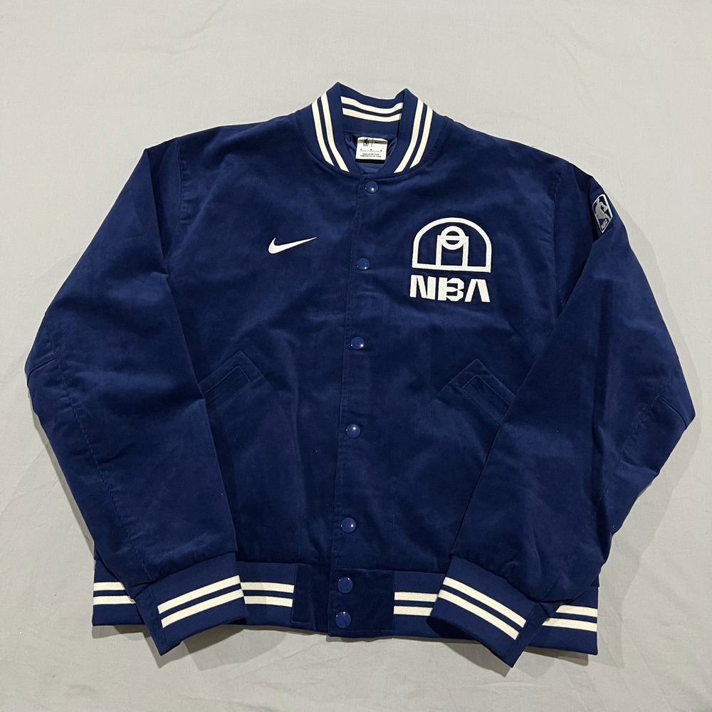 NWT Nike NBA Mens Blue Corduroy Bomber Varsity Jacket Oversized M Embroidered